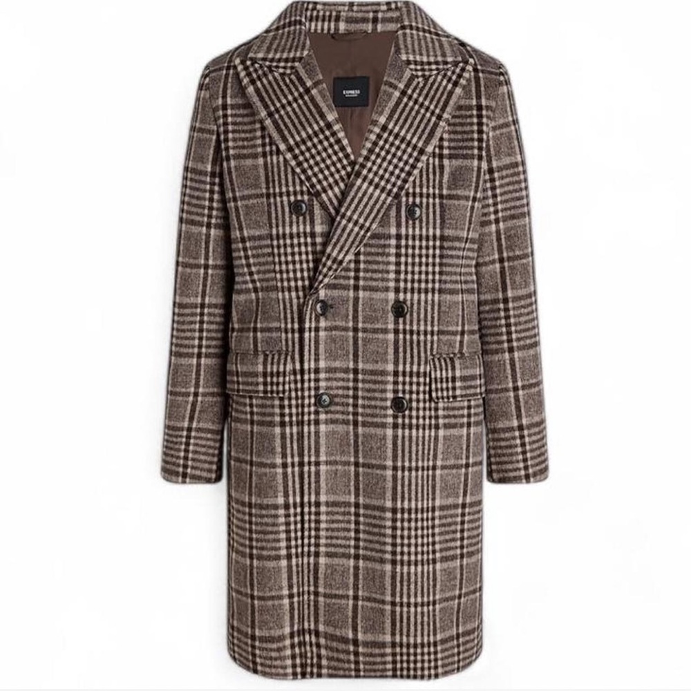 Express Espresso Brown Plaid Double-Breasted Topcoat Size Men’s Large